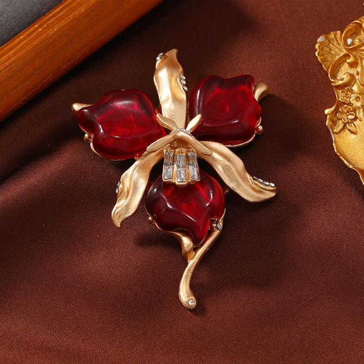 Women's Metallic Brass Orchid Resin Petal Flower Brooch - Red - image 3
