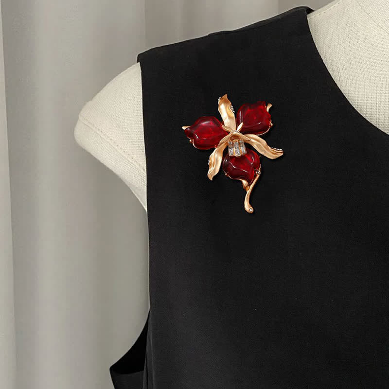 Women's Metallic Brass Orchid Resin Petal Flower Brooch - image 4