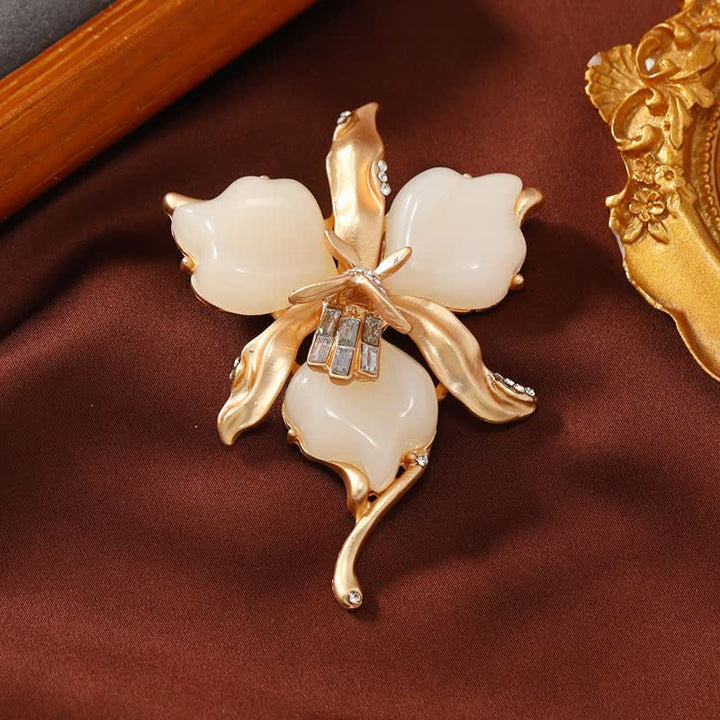 Women's Metallic Brass Orchid Resin Petal Flower Brooch - White - image 0