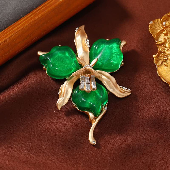Women's Metallic Brass Orchid Resin Petal Flower Brooch - Green - image 5