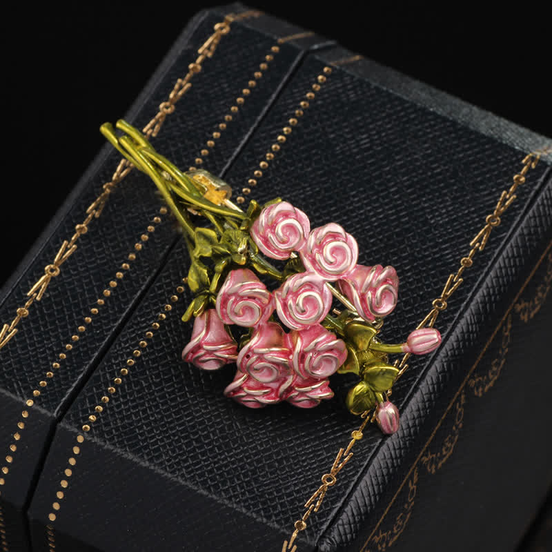 Women's Cute Pink & Green Rose Bouquet Brooch - image 5