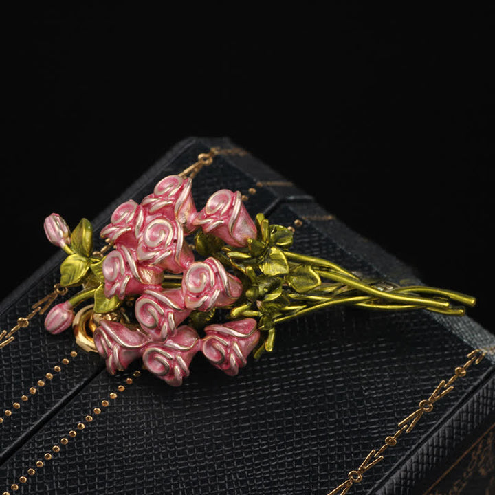 Women's Cute Pink & Green Rose Bouquet Brooch - image 4