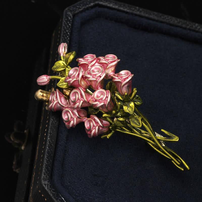 Women's Cute Pink & Green Rose Bouquet Brooch - image 3