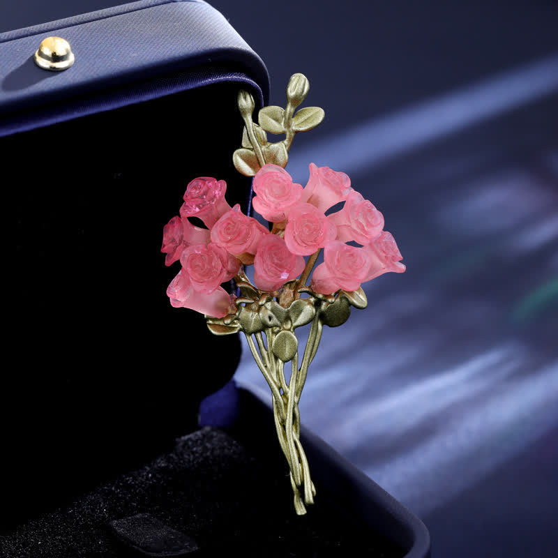 Women's Romantic Pink & Green Rose Bouquet Brooch - image 1