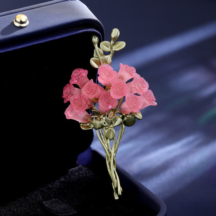 Women's Romantic Pink & Green Rose Bouquet Brooch - image 1
