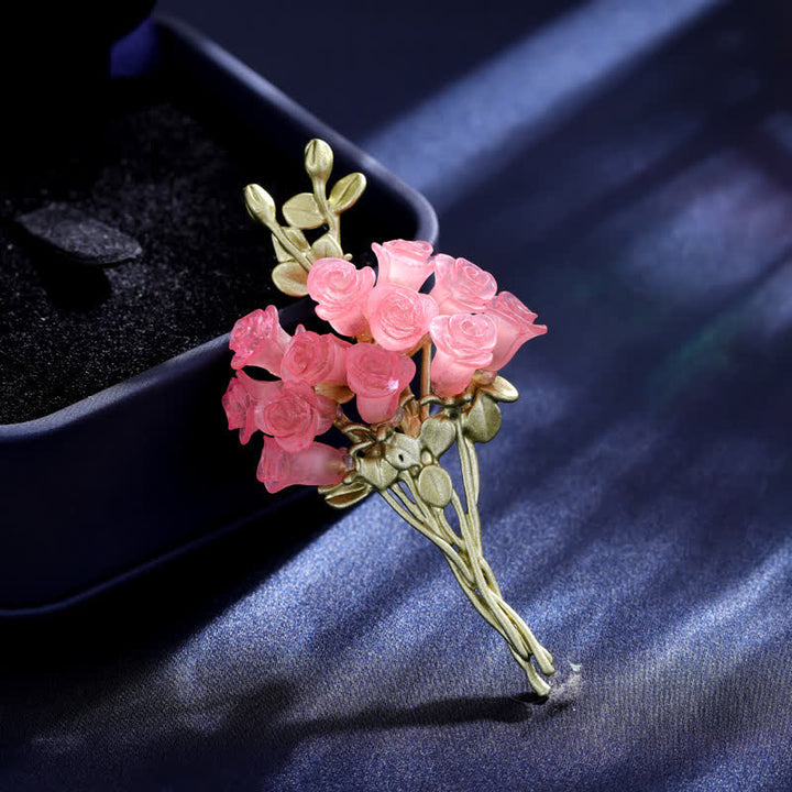 Women's Romantic Pink & Green Rose Bouquet Brooch - Pink & Green - image 0