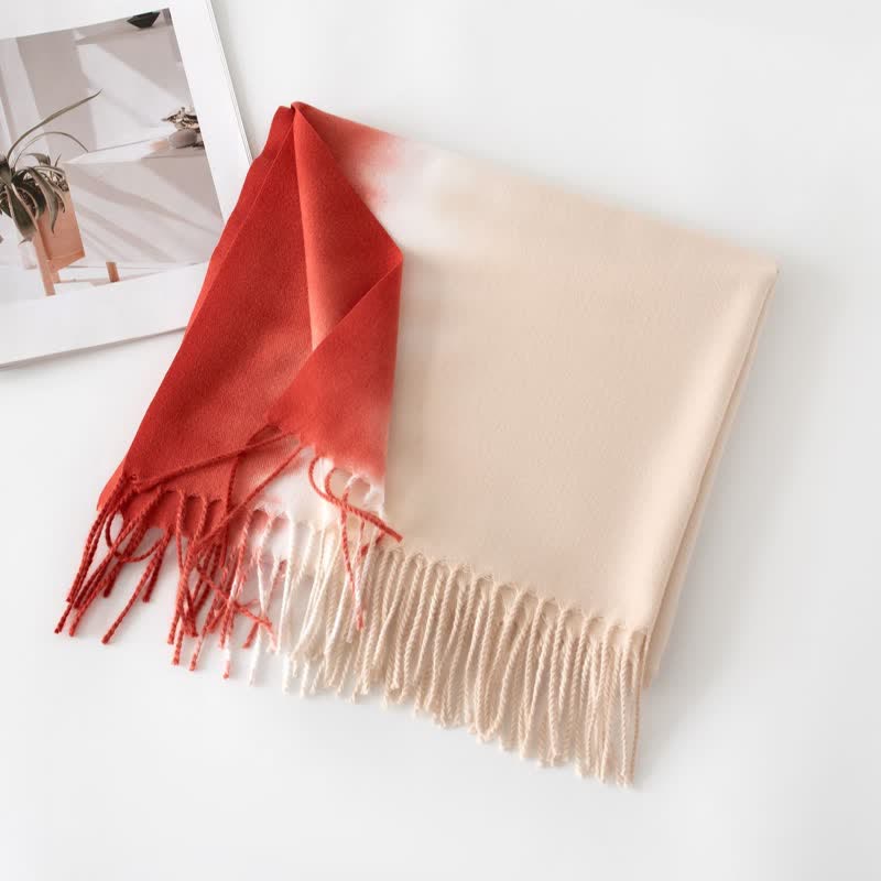Unisex Gradient Color Fringe Faux Cashmere Scarf - Red & Ivory - image 12