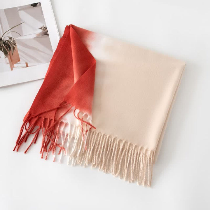 Unisex Gradient Color Fringe Faux Cashmere Scarf - Red & Ivory - image 12