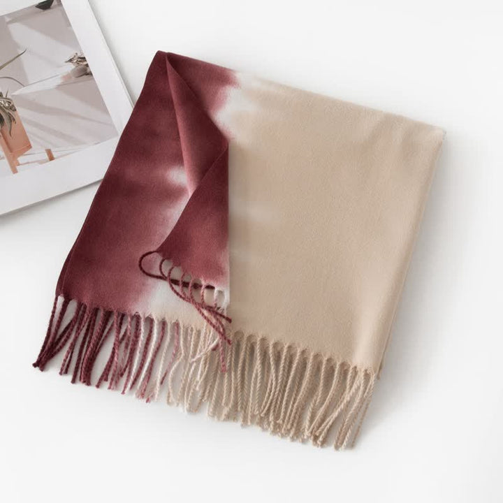 Unisex Gradient Color Fringe Faux Cashmere Scarf - Maroon & Camel - image 17