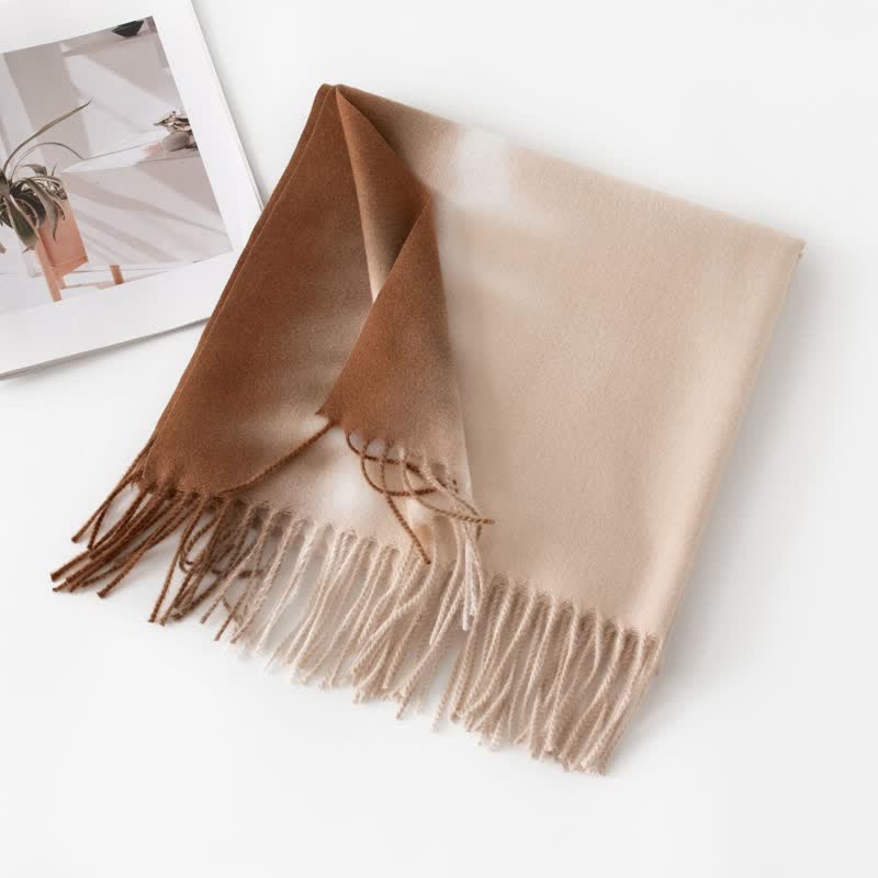 Unisex Gradient Color Fringe Faux Cashmere Scarf - Coffee & Camel - image 6