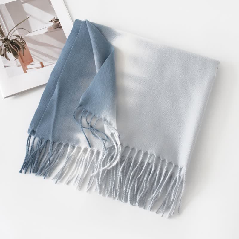 Unisex Gradient Color Fringe Faux Cashmere Scarf - Sky Blue - image 8