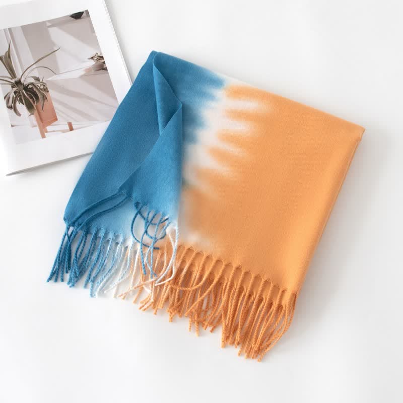Unisex Gradient Color Fringe Faux Cashmere Scarf - Blue & Orange - image 11