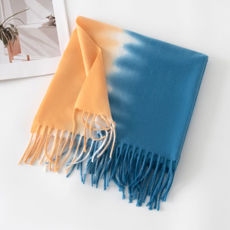 Unisex Gradient Color Fringe Faux Cashmere Scarf - SandyBrown & Blue - image 19