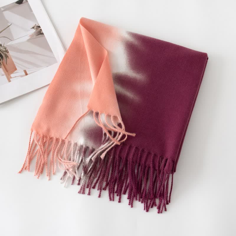Unisex Gradient Color Fringe Faux Cashmere Scarf - Pink & Wine Red - image 21