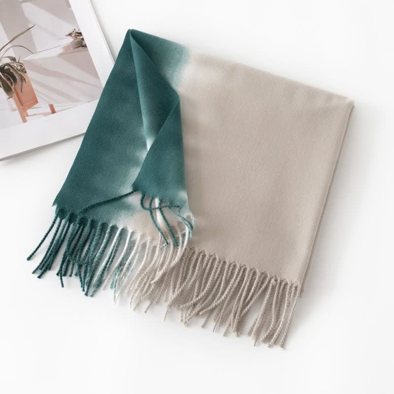 Unisex Gradient Color Fringe Faux Cashmere Scarf - Dark Green & Light Gray - image 13