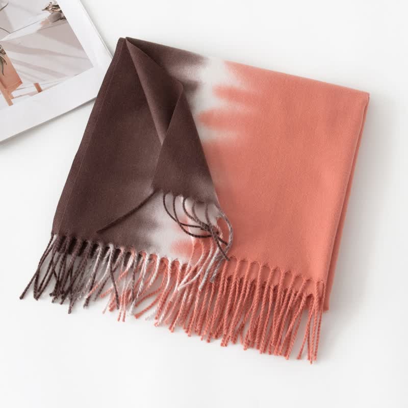 Unisex Gradient Color Fringe Faux Cashmere Scarf - Brown & Salmon - image 16