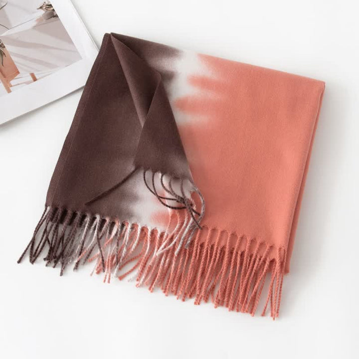 Unisex Gradient Color Fringe Faux Cashmere Scarf - Brown & Salmon - image 16