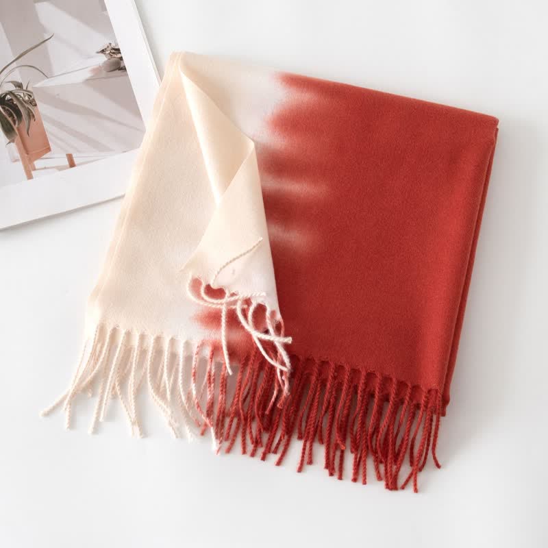 Unisex Gradient Color Fringe Faux Cashmere Scarf - Ivory & Red - image 20