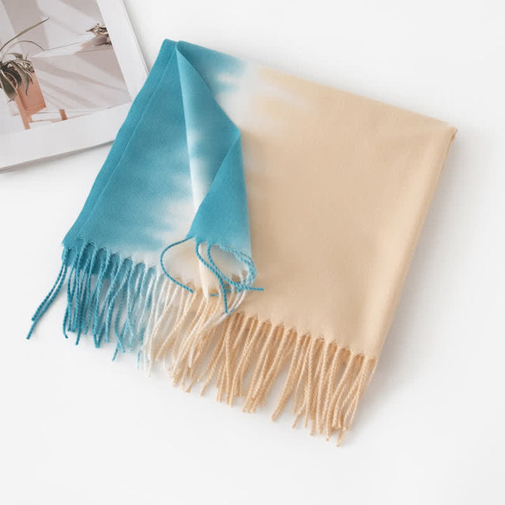 Unisex Gradient Color Fringe Faux Cashmere Scarf - Blue & Beige - image 14