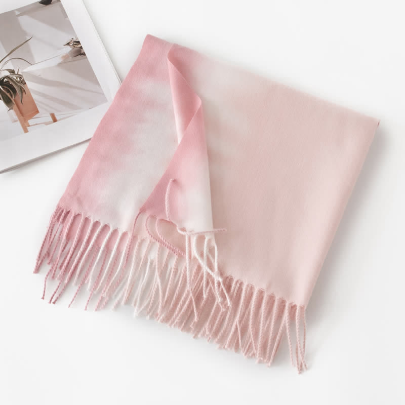 Unisex Gradient Color Fringe Faux Cashmere Scarf - Pink - image 10