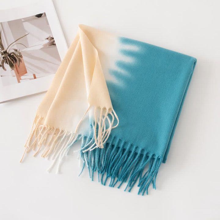 Unisex Gradient Color Fringe Faux Cashmere Scarf - Ivory & Blue - image 18