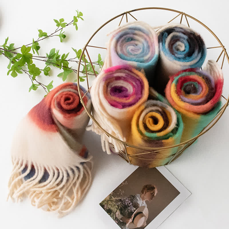 Unisex Rainbow Contrast Color Tassels Mohair Scarf - image 1