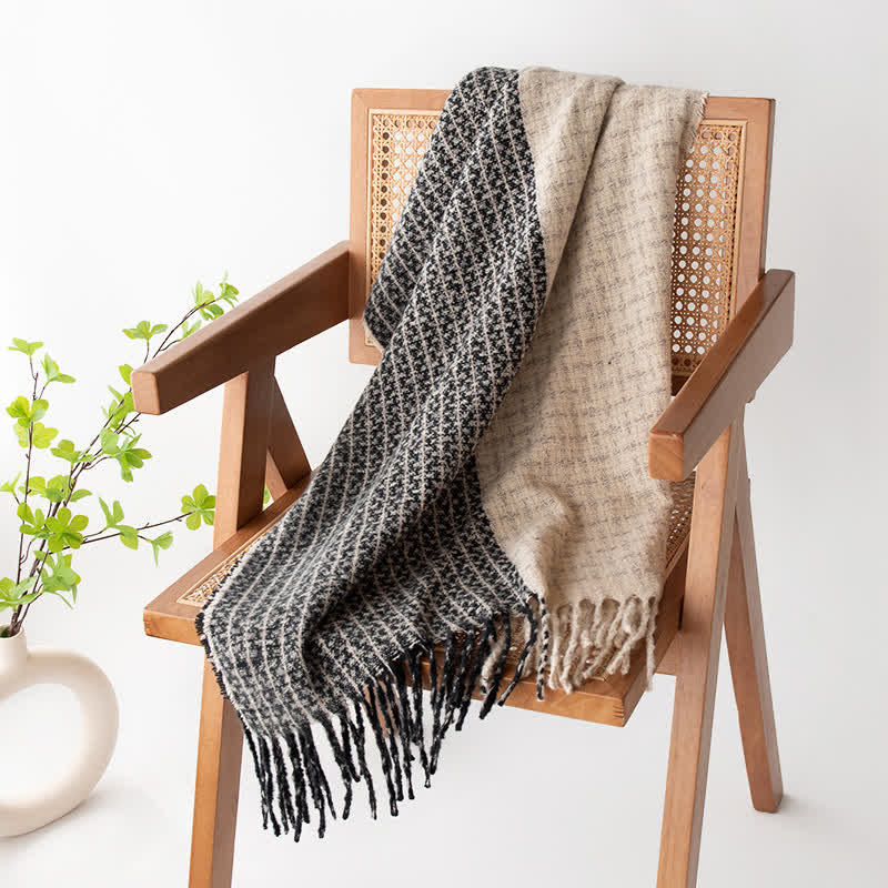 Unisex Plaid Colour Blocking Vintage Tassel Scarf - Black - image 0