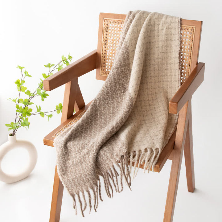 Unisex Plaid Colour Blocking Vintage Tassel Scarf - Ivory - image 6