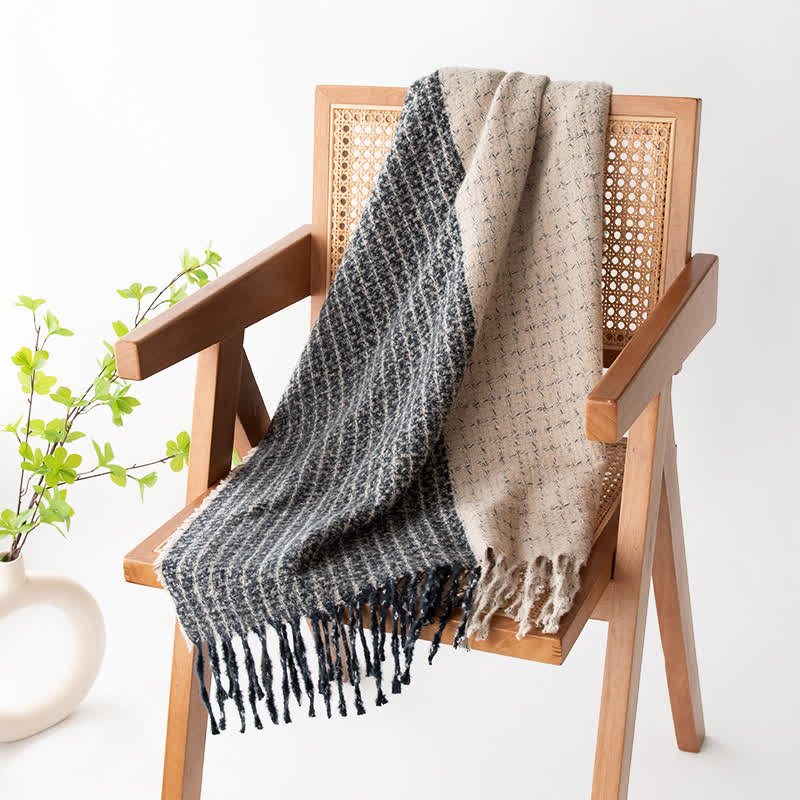 Unisex Plaid Colour Blocking Vintage Tassel Scarf - Navy - image 11