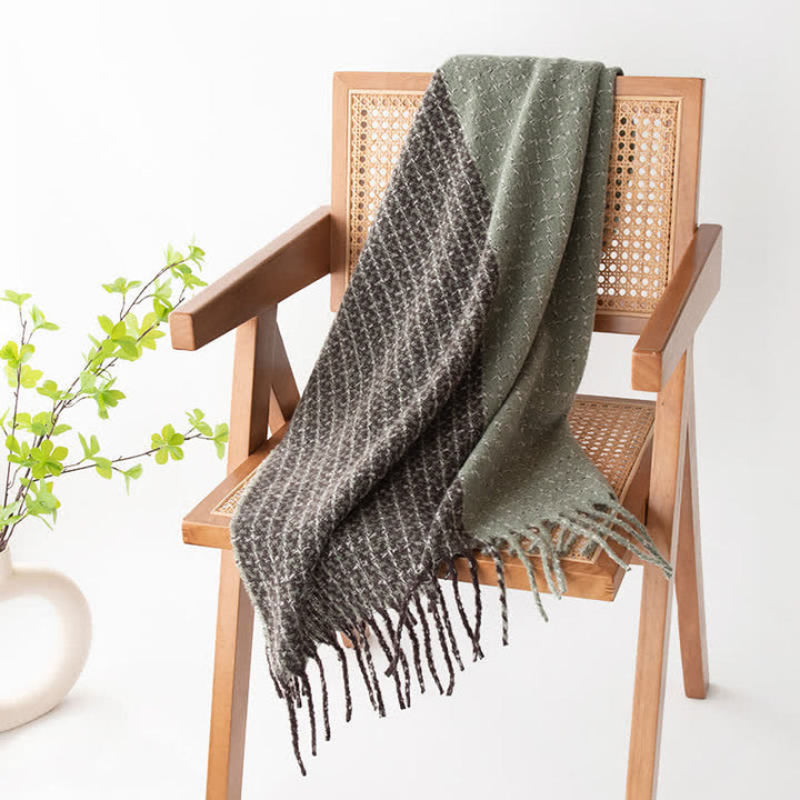 Unisex Plaid Colour Blocking Vintage Tassel Scarf - MediumSeaGreen - image 12