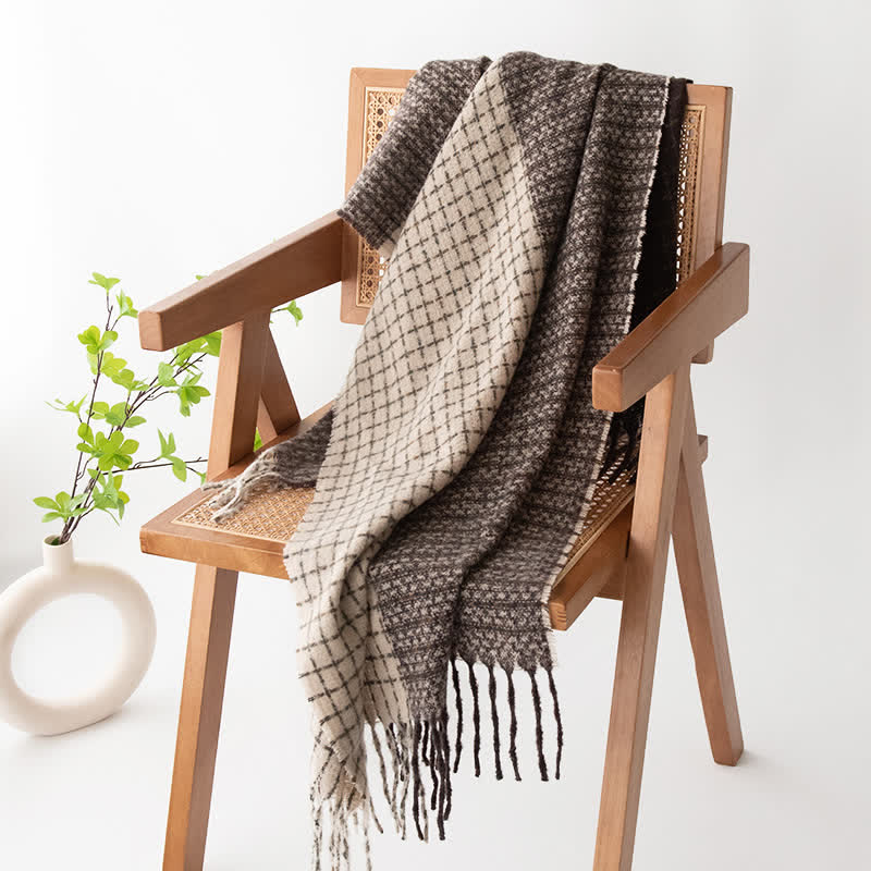 Unisex Plaid Colour Blocking Vintage Tassel Scarf - Coffee - image 14