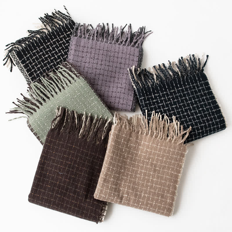 Unisex Plaid Colour Blocking Vintage Tassel Scarf - image 1