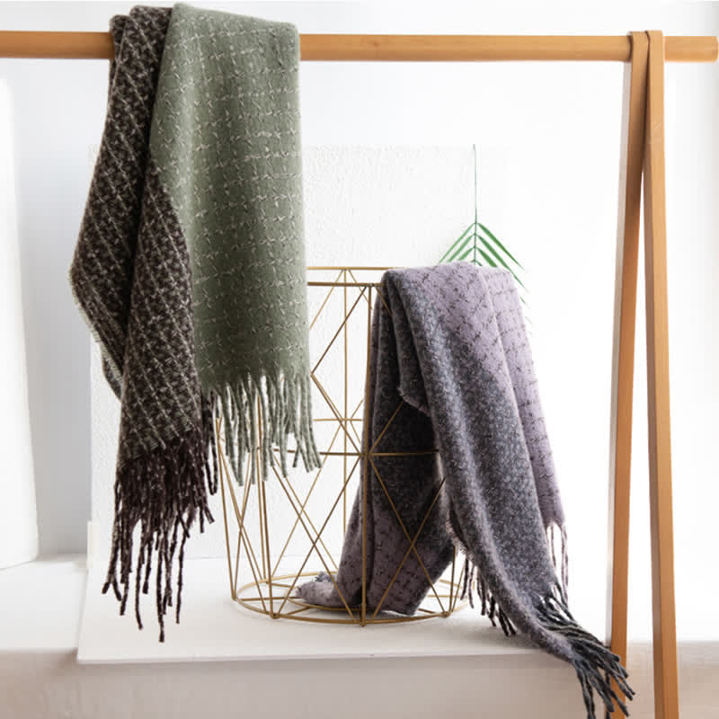 Unisex Plaid Colour Blocking Vintage Tassel Scarf - image 3
