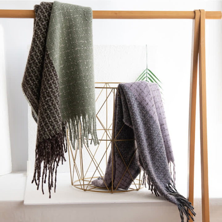 Unisex Plaid Colour Blocking Vintage Tassel Scarf - image 3