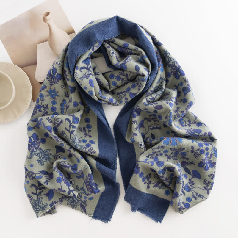 Women's Elagant Floral Contrast Border Scarf - Blue - image 2