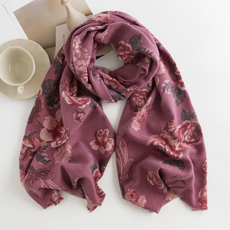 Women's Graceful Large Rose Romantic Pattern Scarf - Burgundy - image 10