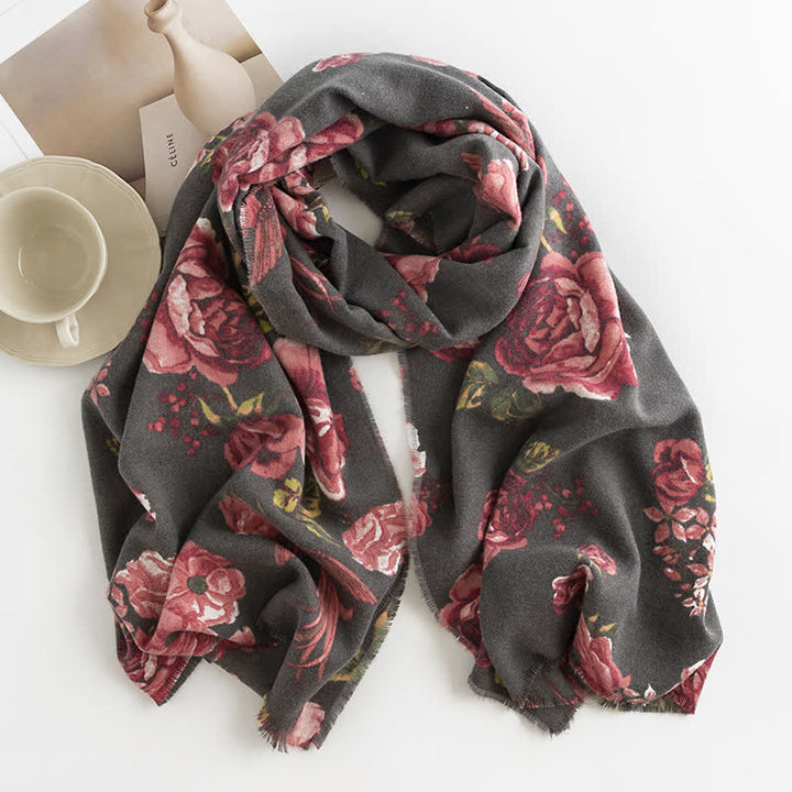 Women's Graceful Large Rose Romantic Pattern Scarf - Dark Gray - image 11
