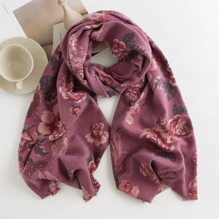 Women's Graceful Large Rose Romantic Pattern Scarf - Burgundy - image 10