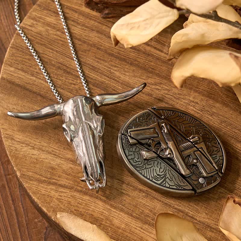 Western Gadget DIY Hidden Knife Buckle Longhorn Bull Pendant Bundle Set  - Dual Pistols - Without Belt - Not Included - image 44