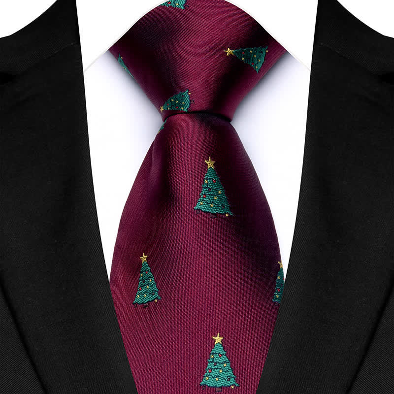 Men's Green Christmas Trees Festive Design Necktie - Burgundy - image 0