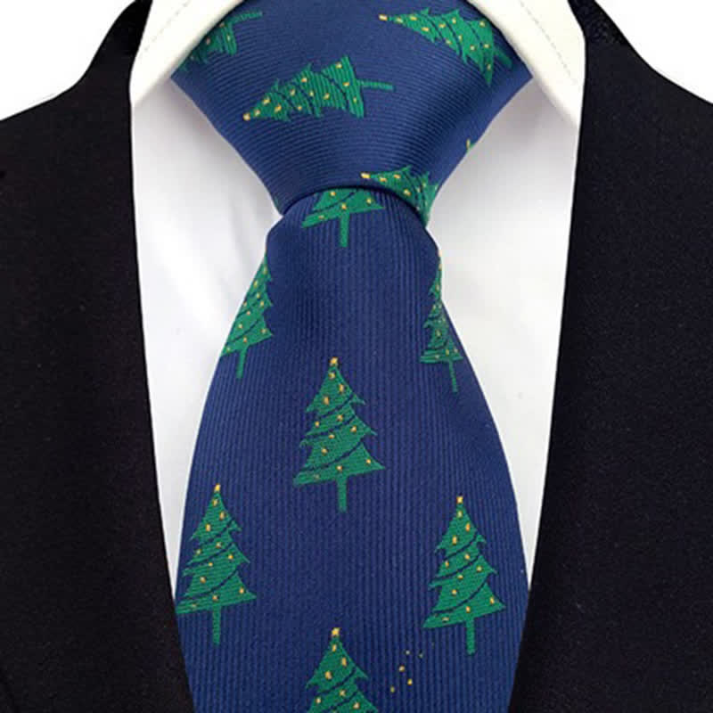 Men's Green Christmas Trees Festive Design Necktie - Navy - image 2