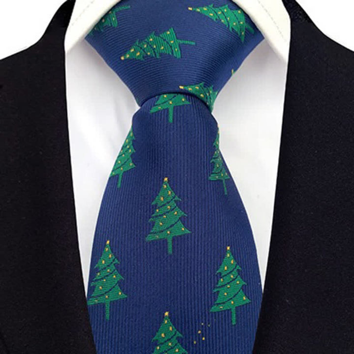 Men's Green Christmas Trees Festive Design Necktie - Navy - image 2