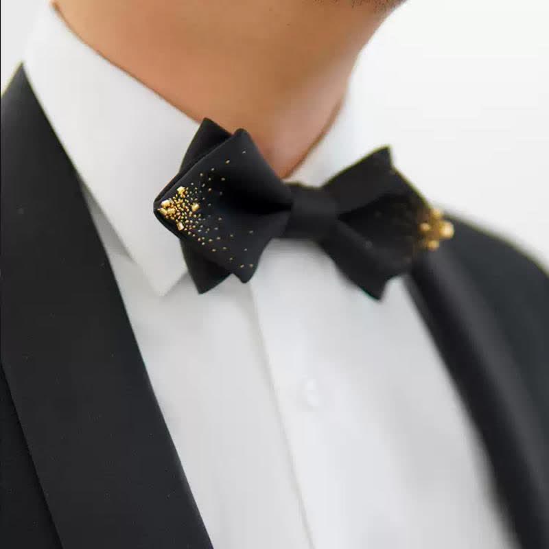 Men's Black Gold Wire Double Layers Pointy Bow Tie - image 2
