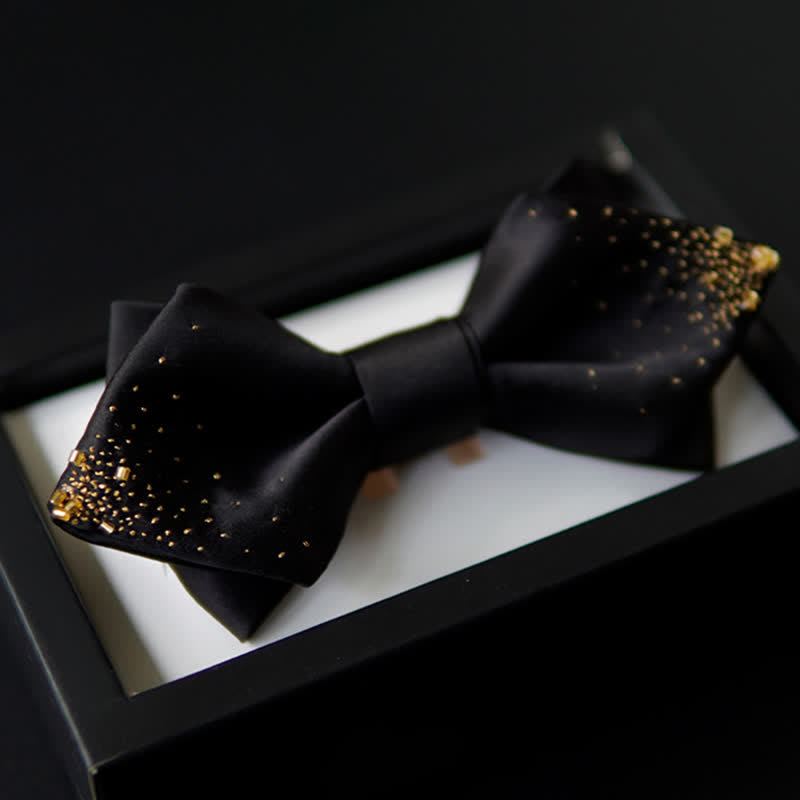 Men's Black Gold Wire Double Layers Pointy Bow Tie - Black - image 0