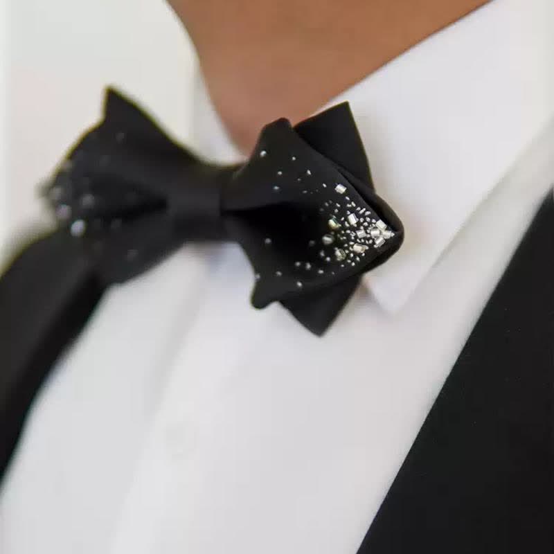 Men's Black Silver Wire Double Layers Pointy Bow Tie - image 1