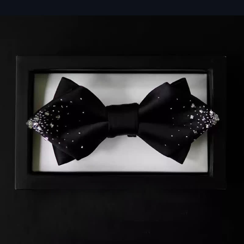 Men's Black Silver Wire Double Layers Pointy Bow Tie - image 2