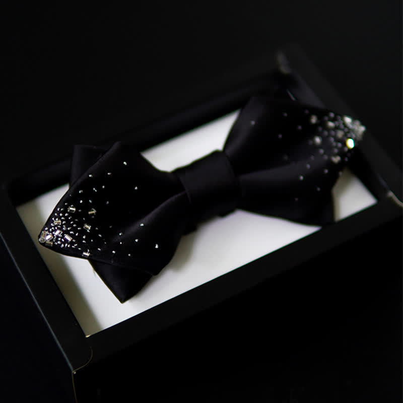 Men's Black Silver Wire Double Layers Pointy Bow Tie - Black - image 0
