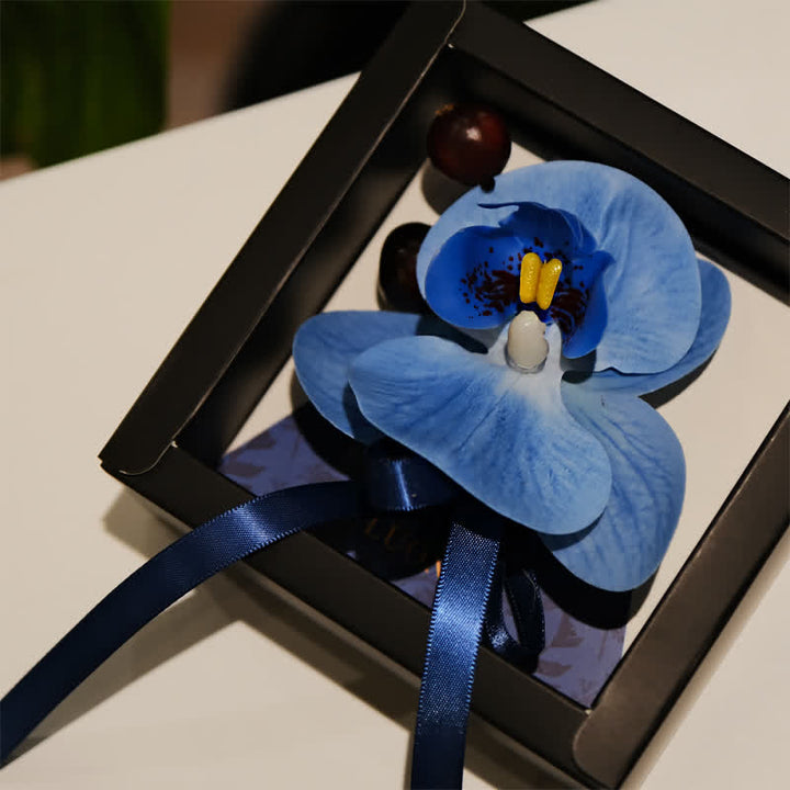 3Pcs Men's Blue Phalaenopsis Brooch Handkerchief Fishtail Bow Tie Set - image 5