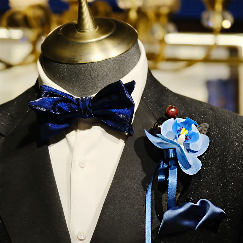 3Pcs Men's Blue Phalaenopsis Brooch Handkerchief Fishtail Bow Tie Set - image 2