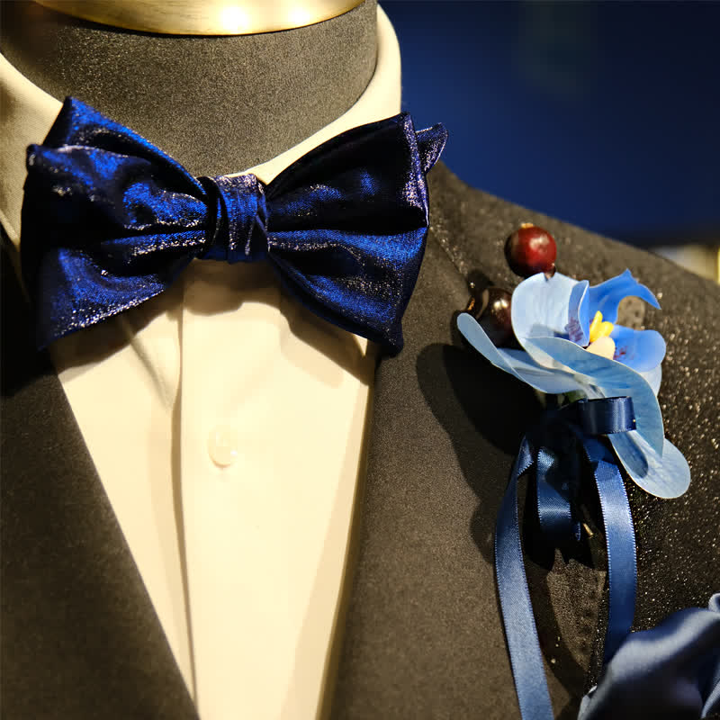 3Pcs Men's Blue Phalaenopsis Brooch Handkerchief Fishtail Bow Tie Set - image 1